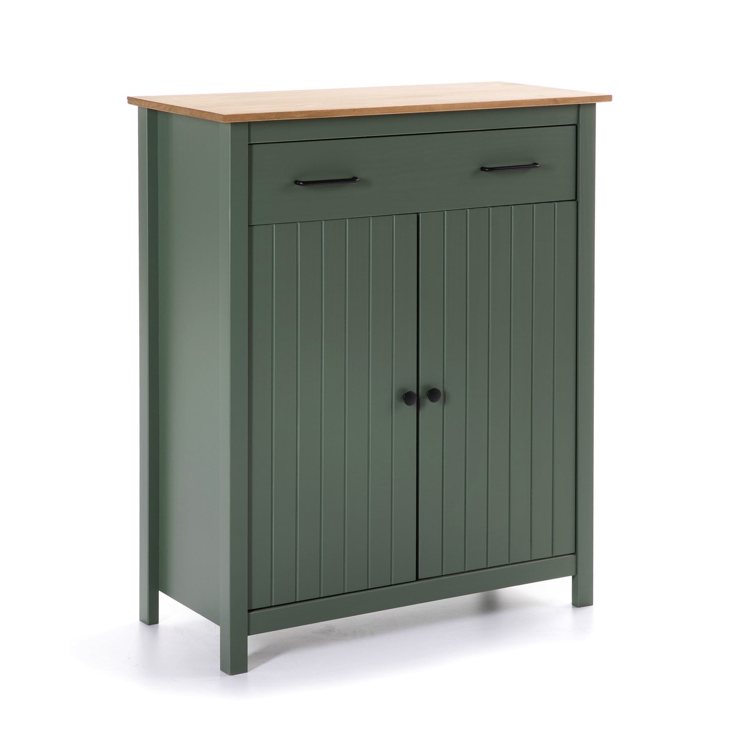 A sage green wooden storage cabinet with a natural light wood top, featuring a single drawer with black handles and two paneled doors with round black knobs, shown on a white background.