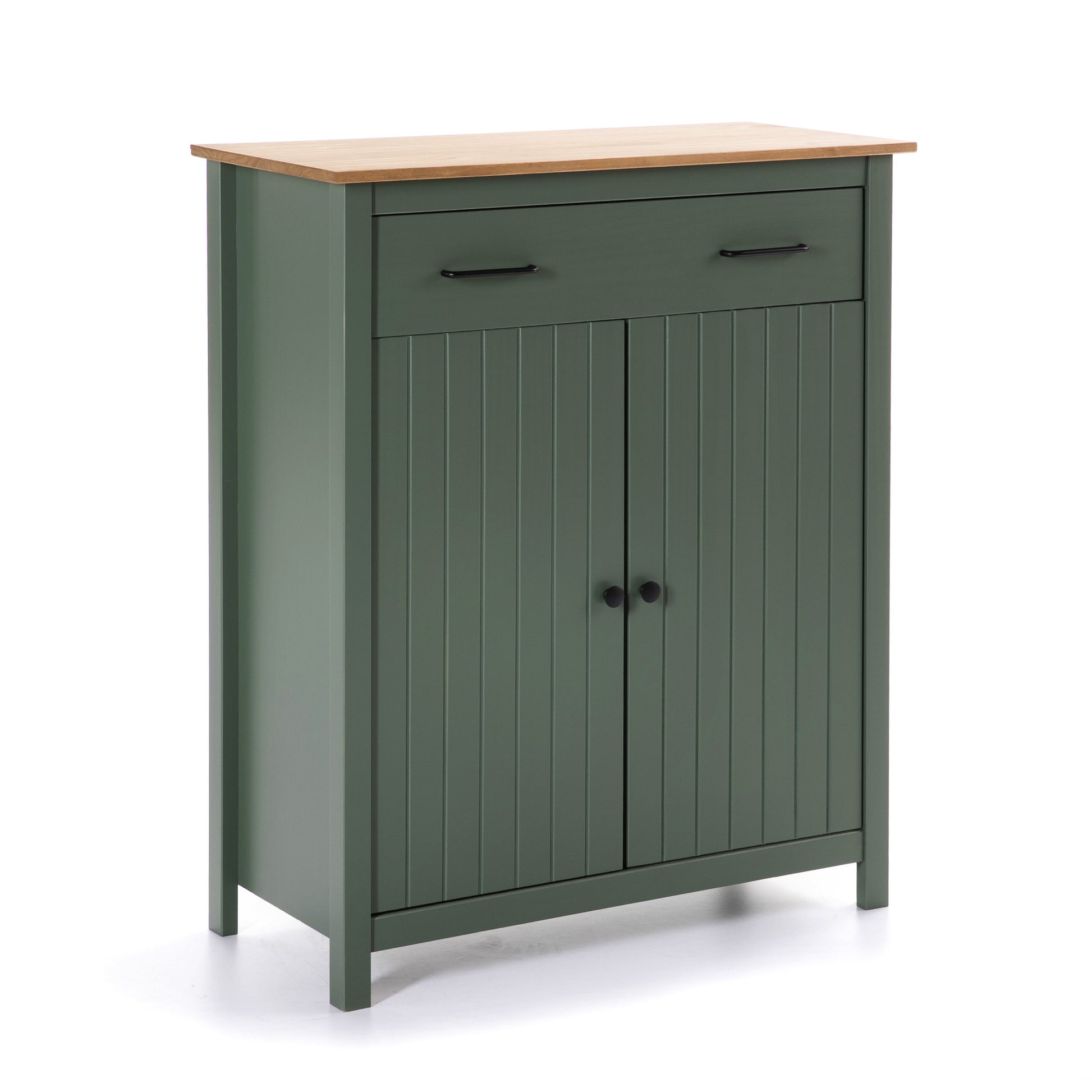 A sage green wooden storage cabinet with a natural light wood top, featuring a single drawer with black handles and two paneled doors with round black knobs, shown on a white background.