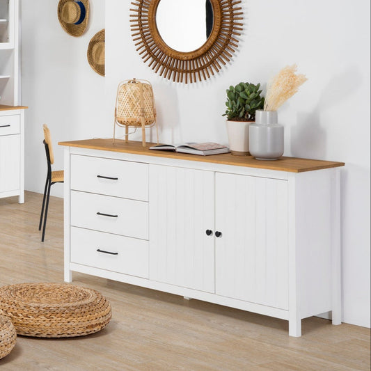 Modern living room with white furniture, wooden accents, and decorative items.