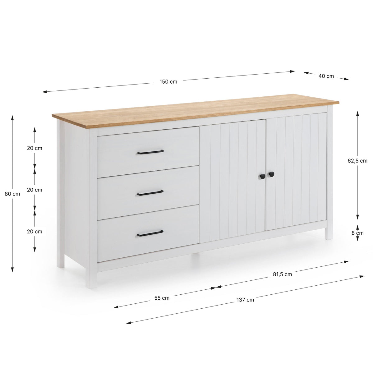 White sideboard cabinet with a light wood top, three drawers on the left, and a double-door cabinet on the right, shown with dimension callouts and arrows on a white background.