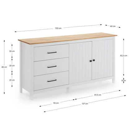 White sideboard cabinet with a light wood top, three drawers on the left, and a double-door cabinet on the right, shown with dimension callouts and arrows on a white background.