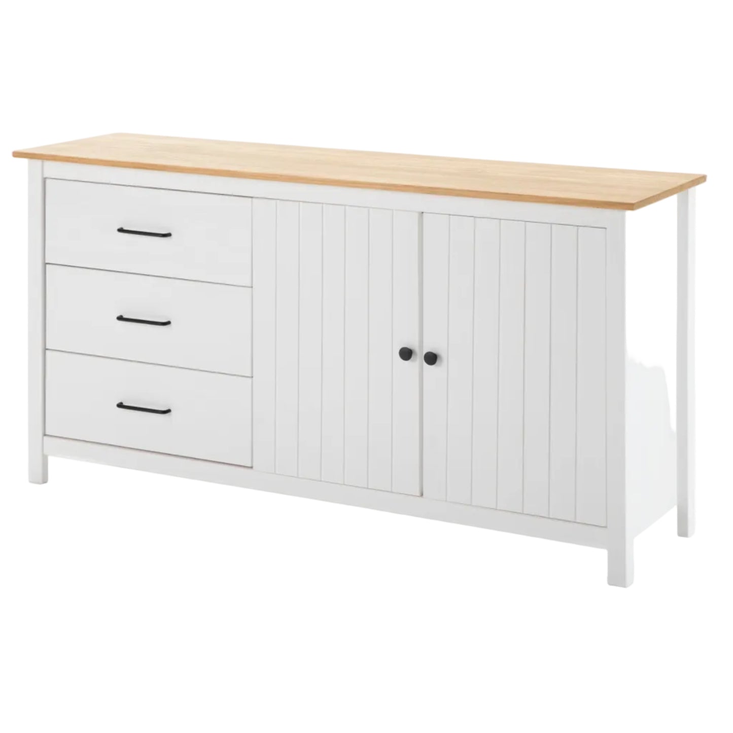A white wooden sideboard cabinet with three drawers on the left, two shiplap-style doors on the right, and a light natural wood top, shown on a white background.