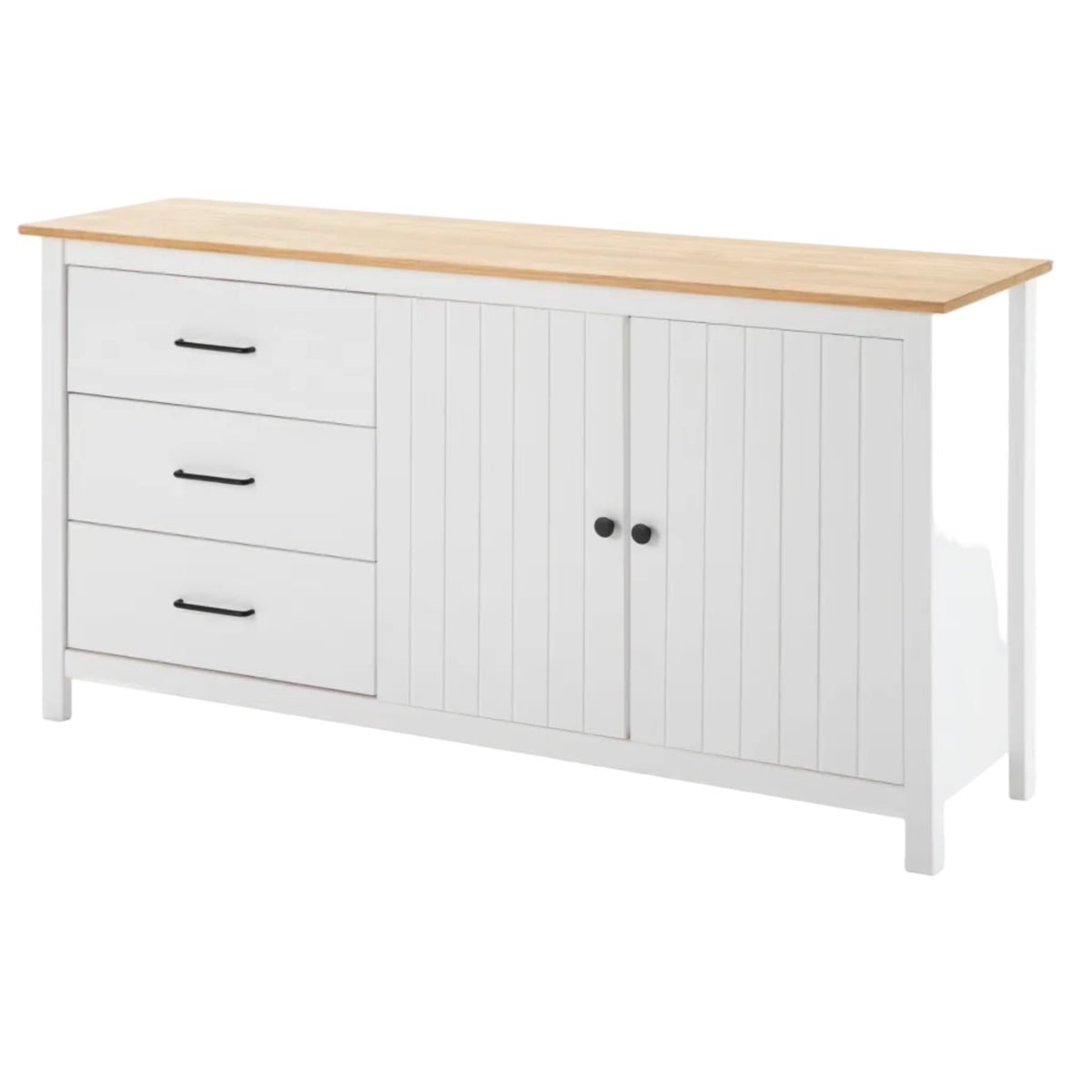 A white wooden sideboard cabinet with three drawers on the left, two shiplap-style doors on the right, and a light natural wood top, shown on a white background.