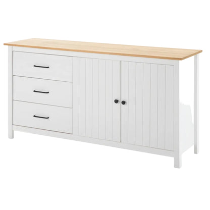 A white wooden sideboard cabinet with three drawers on the left, two shiplap-style doors on the right, and a light natural wood top, shown on a white background.