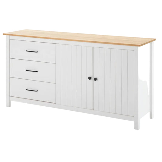A white wooden sideboard cabinet with three drawers on the left, two shiplap-style doors on the right, and a light natural wood top, shown on a white background.
