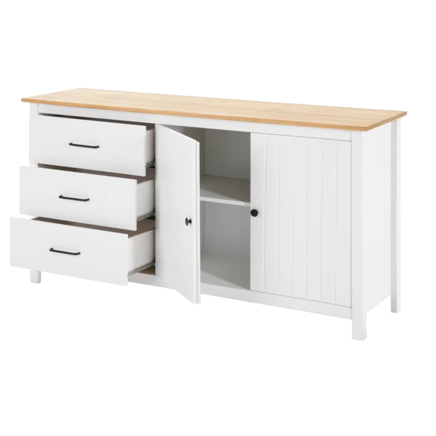 White kitchen island with wooden countertop and open cabinet door on a white background