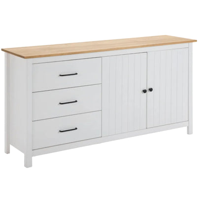 A white wooden sideboard cabinet with three drawers on the left, two vertical-panel doors on the right, and a light natural wood top, shown on a white background.
