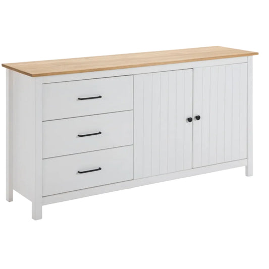 A white wooden sideboard cabinet with three drawers on the left, two vertical-panel doors on the right, and a light natural wood top, shown on a white background.