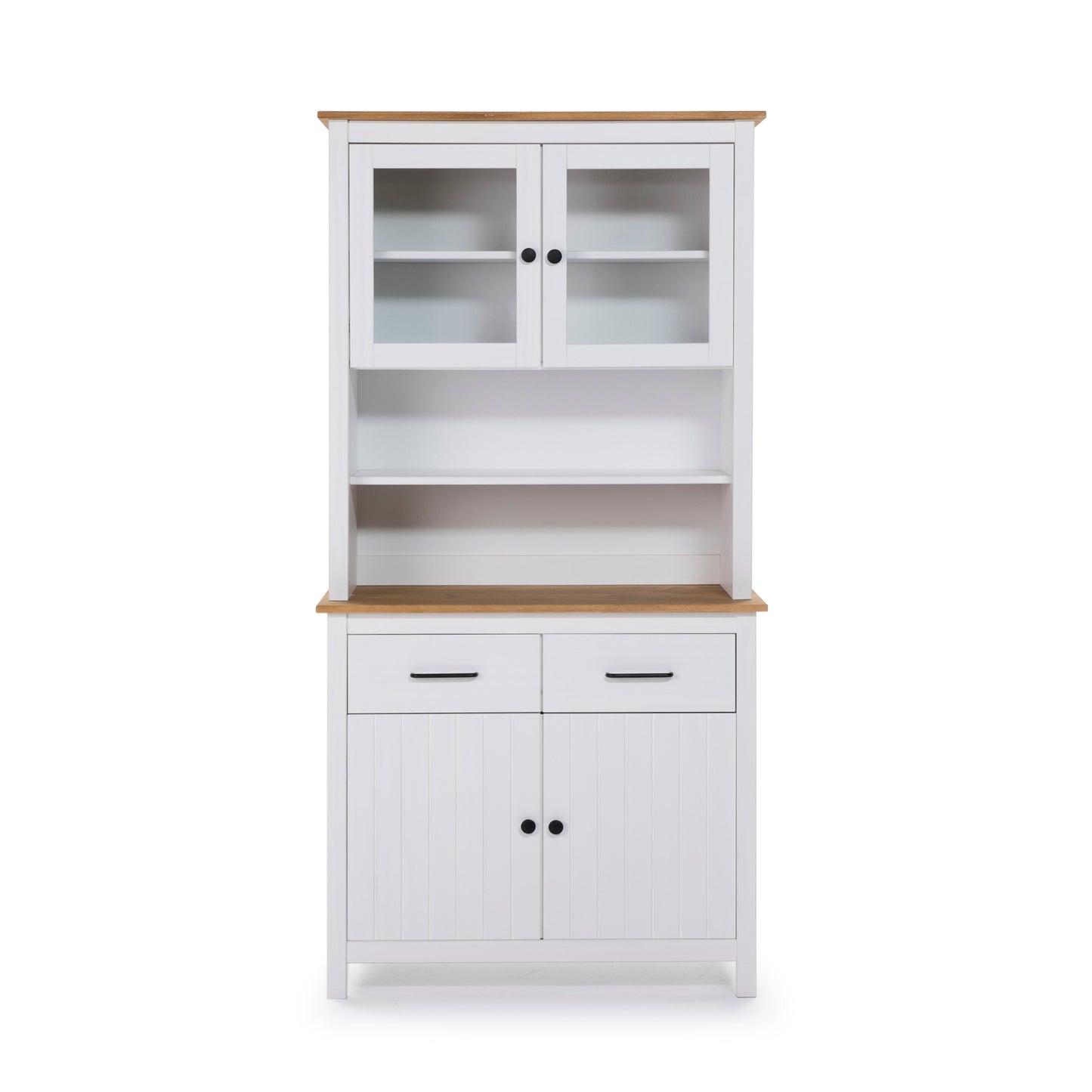 A white hutch cabinet with a natural wood top and matching wood trim, featuring two upper glass-front doors, open shelves, two drawers, and two lower paneled doors with black knobs.