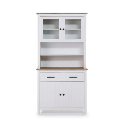 A white hutch cabinet with a natural wood top and matching wood trim, featuring two upper glass-front doors, open shelves, two drawers, and two lower paneled doors with black knobs.