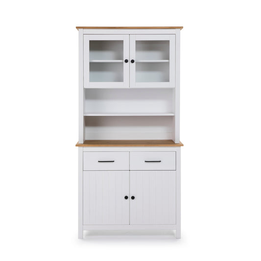 A white hutch cabinet with a natural wood top and matching wood trim, featuring two upper glass-front doors, open shelves, two drawers, and two lower paneled doors with black knobs.
