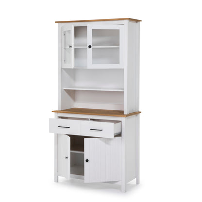 White cabinet with wooden top and shelves on a white background