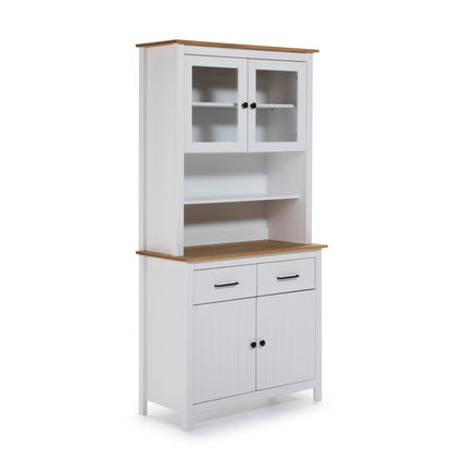 A white hutch cabinet with a natural wood top and matching wood drawer and door trim, featuring two upper glass-front doors, open shelves, two middle drawers, and two lower paneled cabinet doors with black knobs.