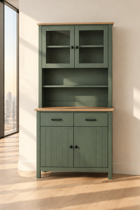Green cabinet with wooden top and doors on a white background