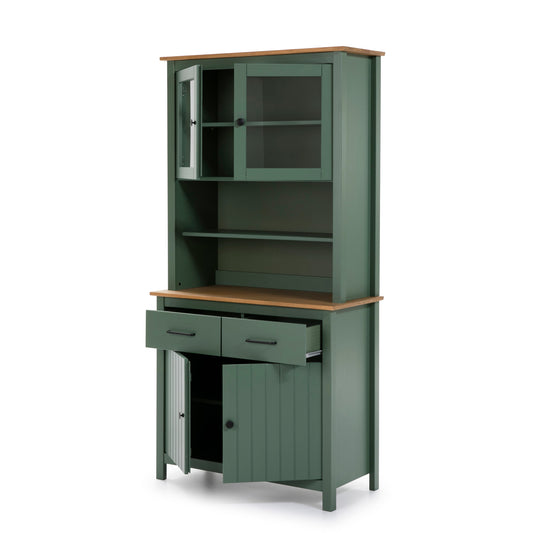 Green cabinet with wooden top and shelves on a white background