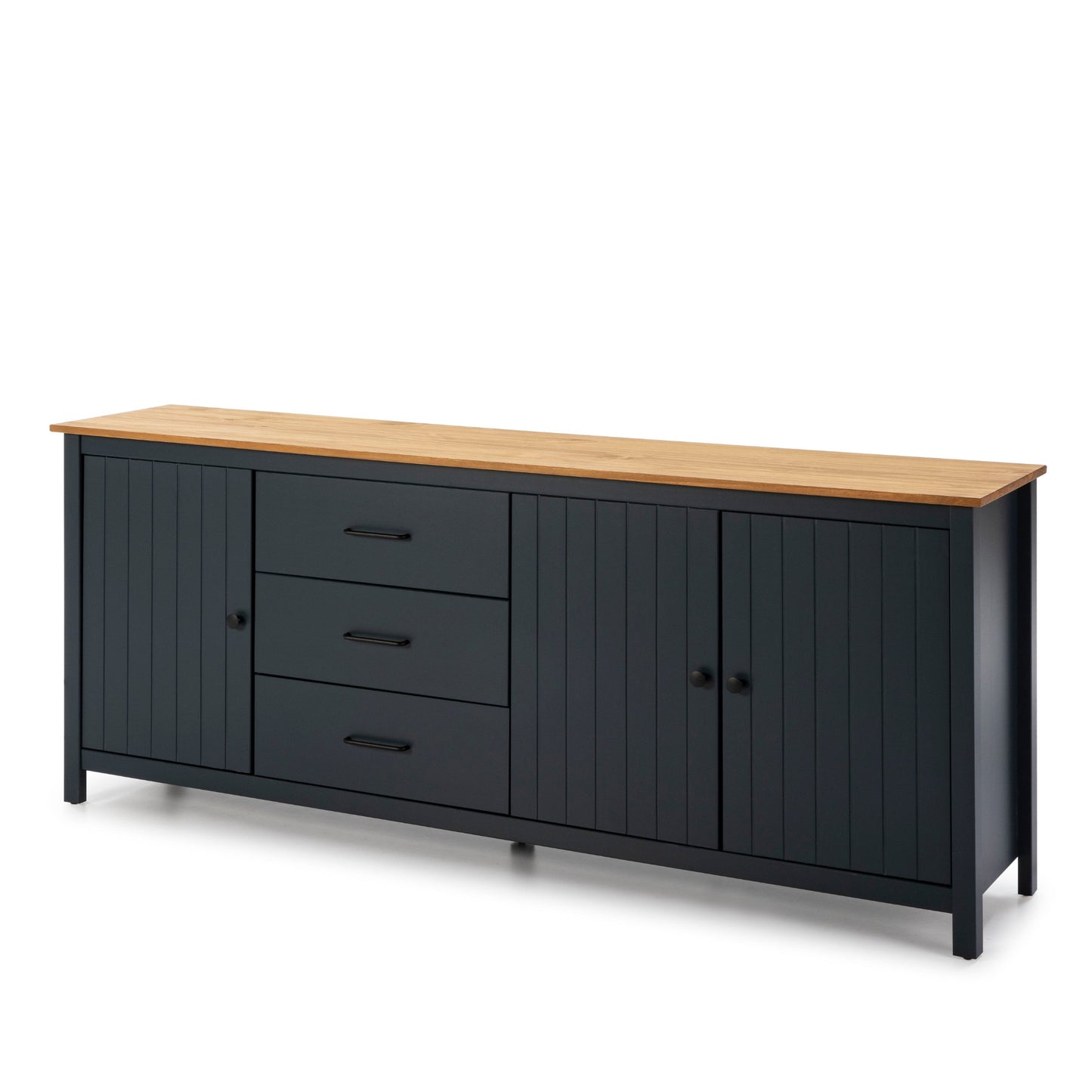 A modern sideboard cabinet with a black paneled body, three drawers on the left, two doors on the right, and a light natural wood top, shown on a white background.