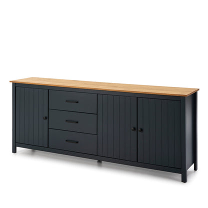 A modern sideboard cabinet with a black paneled body, three drawers on the left, two doors on the right, and a light natural wood top, shown on a white background.