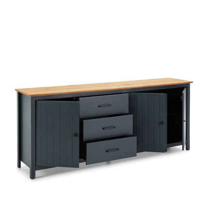 A modern sideboard cabinet with a light natural wood top, dark gray paneled doors and drawers, and black metal legs, shown on a plain white background.