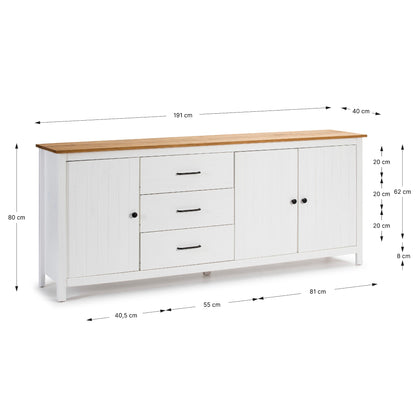 White sideboard cabinet with a light wood top, three drawers on the left, two cabinet doors on the right, shown with dimension callouts on a white background.