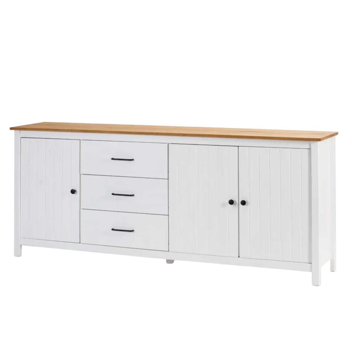 A white wooden sideboard cabinet with a natural oak top, featuring three drawers on the left and two doors on the right, set against a plain white background.