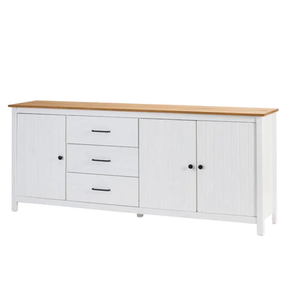 A white wooden sideboard cabinet with a natural oak top, featuring three drawers on the left and two doors on the right, set against a plain white background.