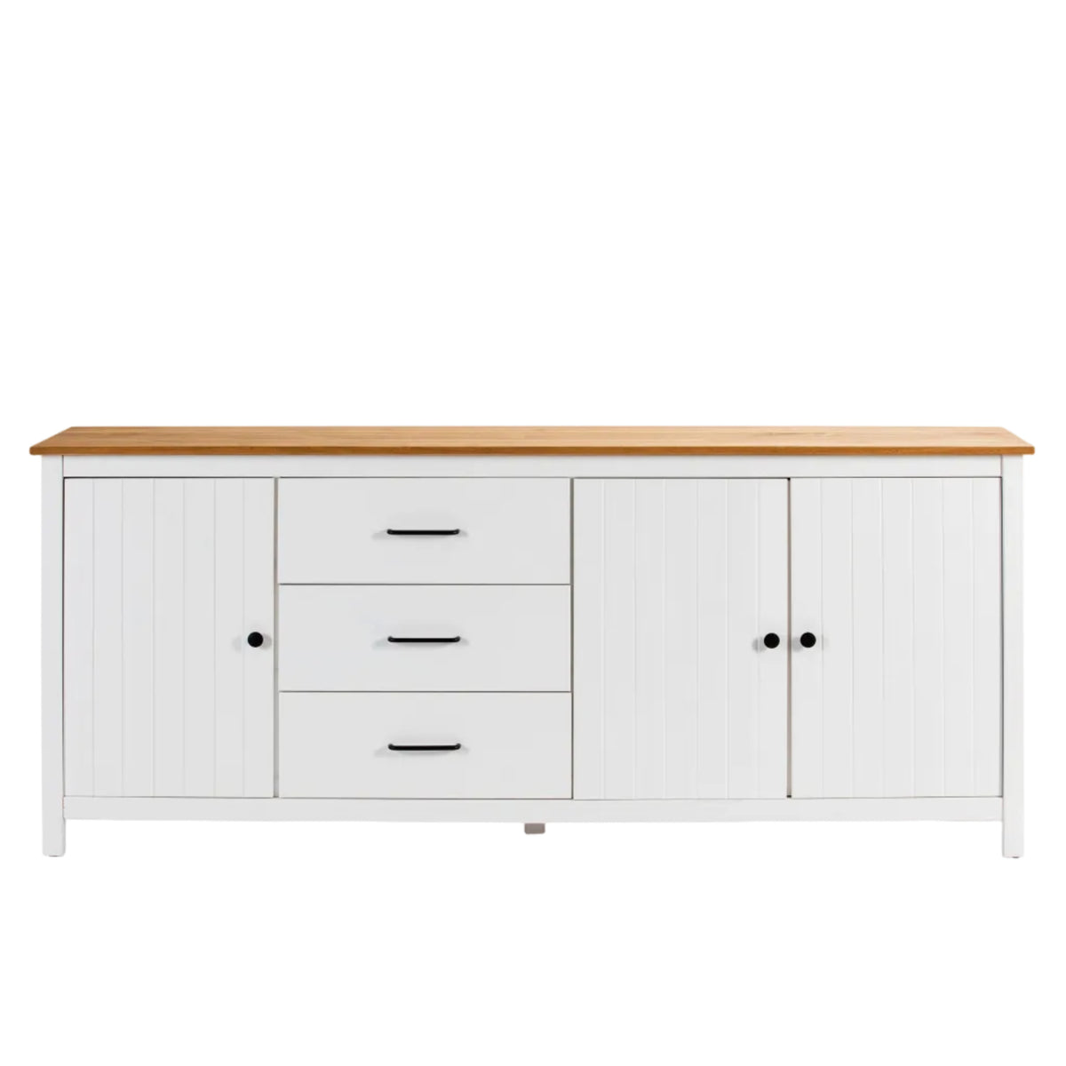 A white wooden sideboard cabinet with a natural oak wood top, featuring three drawers on the left and two cabinet doors on the right, each with black hardware, shown against a plain white background.