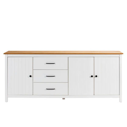 A white wooden sideboard cabinet with a natural oak wood top, featuring three drawers on the left and two cabinet doors on the right, each with black hardware, shown against a plain white background.