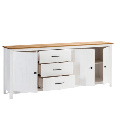 A modern white sideboard cabinet with a natural wood top, featuring three drawers in the center, flanked by two cabinet doors, shown on a white background.