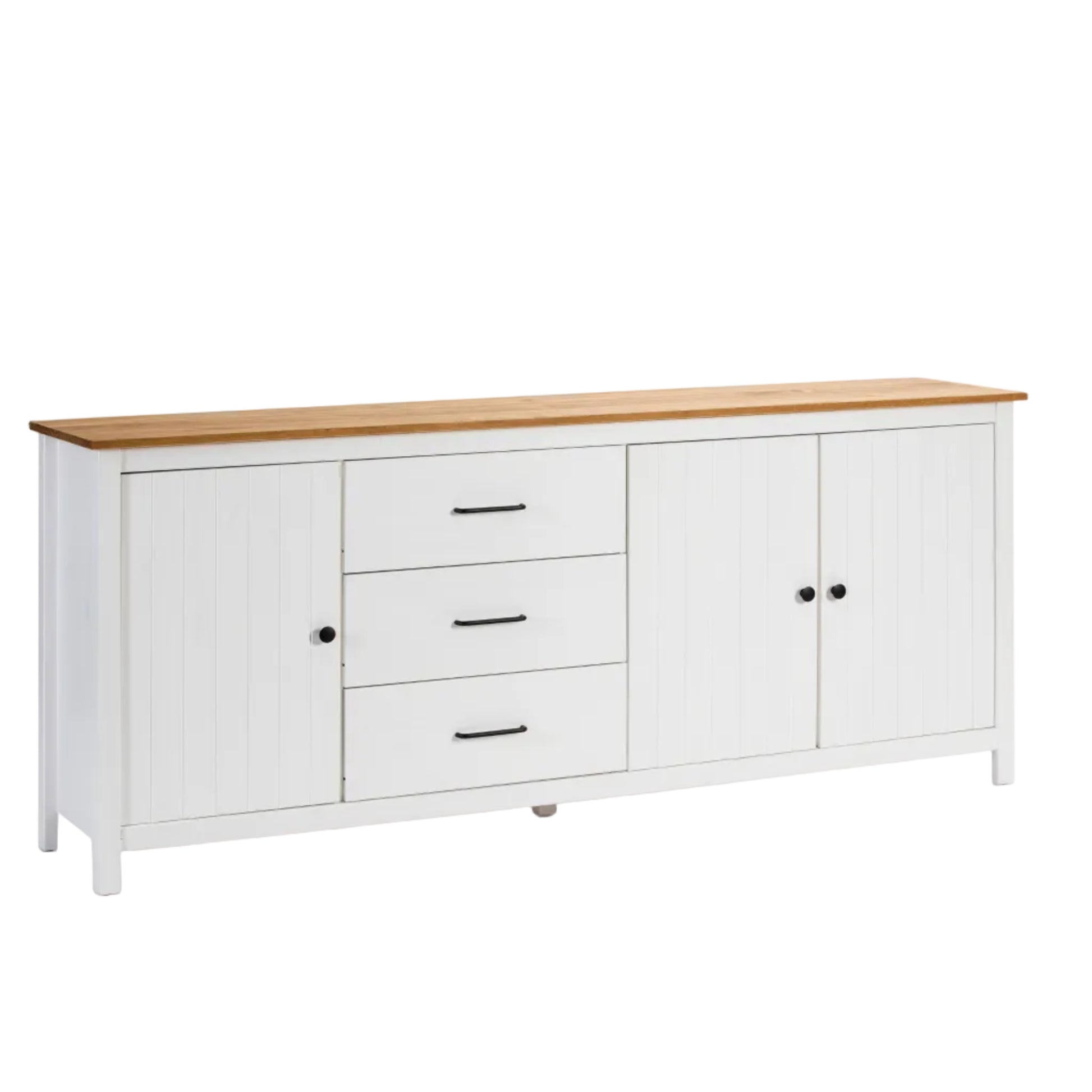 A white wooden sideboard cabinet with a natural oak top, featuring three drawers on the left and two doors on the right, with black metal handles and knobs, shown on a white background.