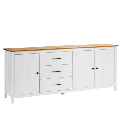 A white wooden sideboard cabinet with a natural oak top, featuring three drawers on the left and two doors on the right, with black metal handles and knobs, shown on a white background.