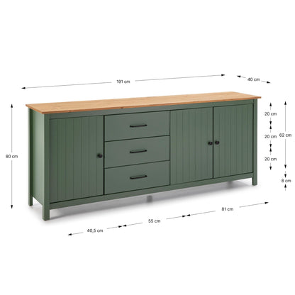 A green wooden sideboard cabinet with three drawers and two doors, shown with dimension lines and measurements on a white background.