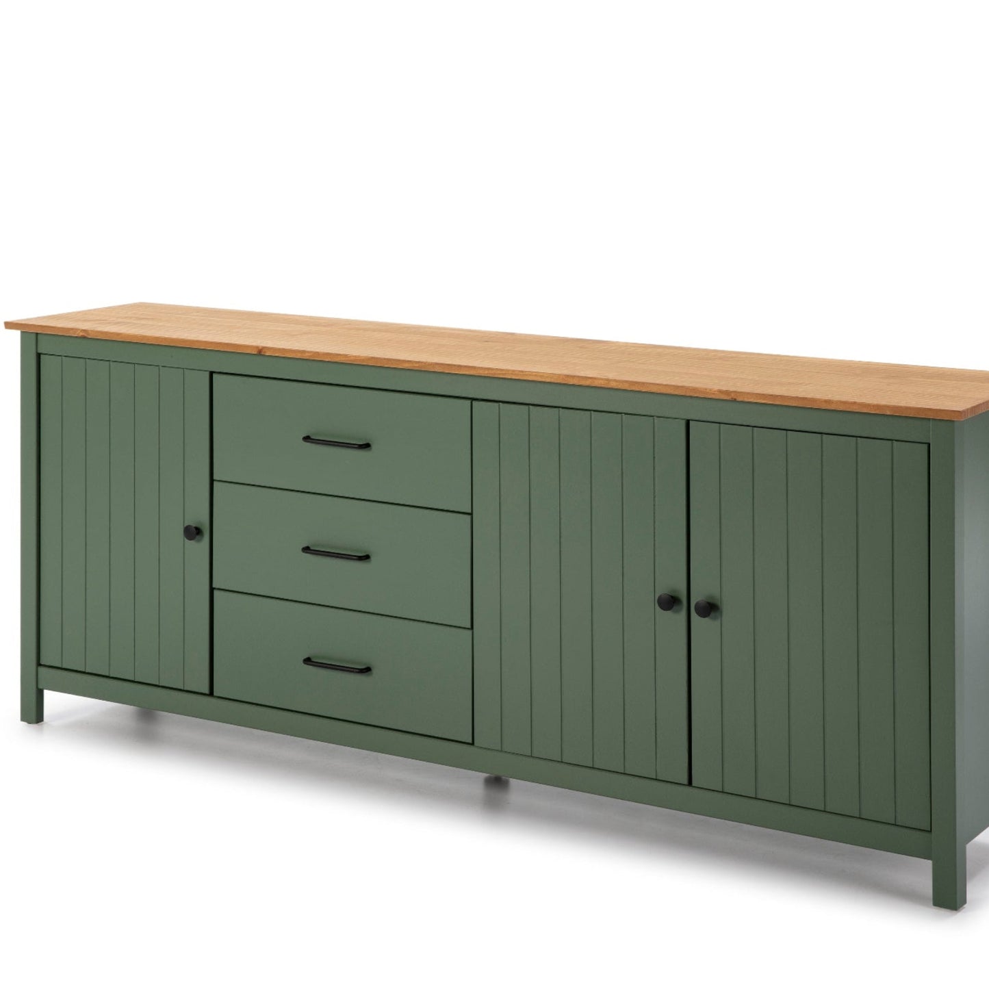 A long green sideboard cabinet with a natural wood top, featuring three drawers on the left and two cabinet doors on the right, set against a plain white background.