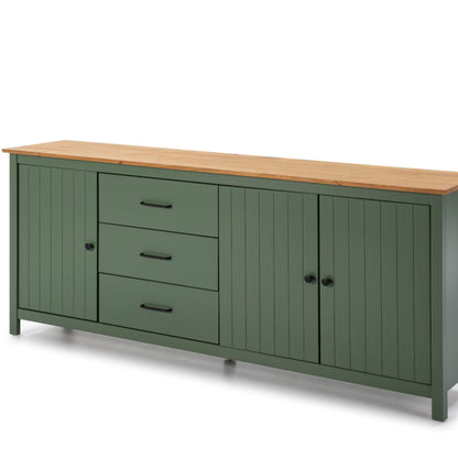 A long green sideboard cabinet with a natural wood top, featuring three drawers on the left and two cabinet doors on the right, set against a plain white background.