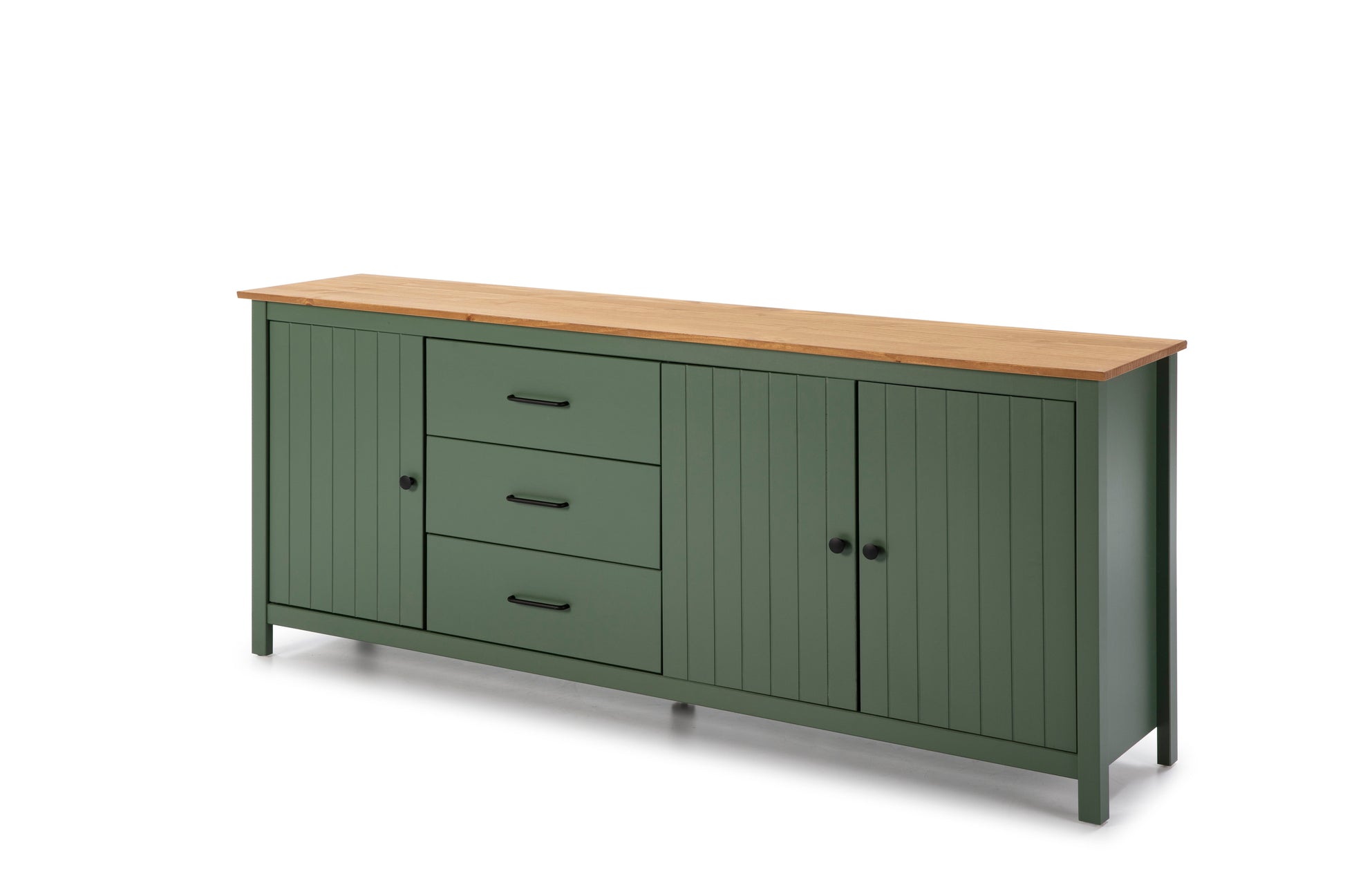A green wooden sideboard cabinet with three drawers on the left and two doors on the right, featuring a natural wood top and black hardware, shown on a white background.