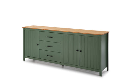 A green wooden sideboard cabinet with three drawers on the left and two doors on the right, featuring a natural wood top and black hardware, shown on a white background.