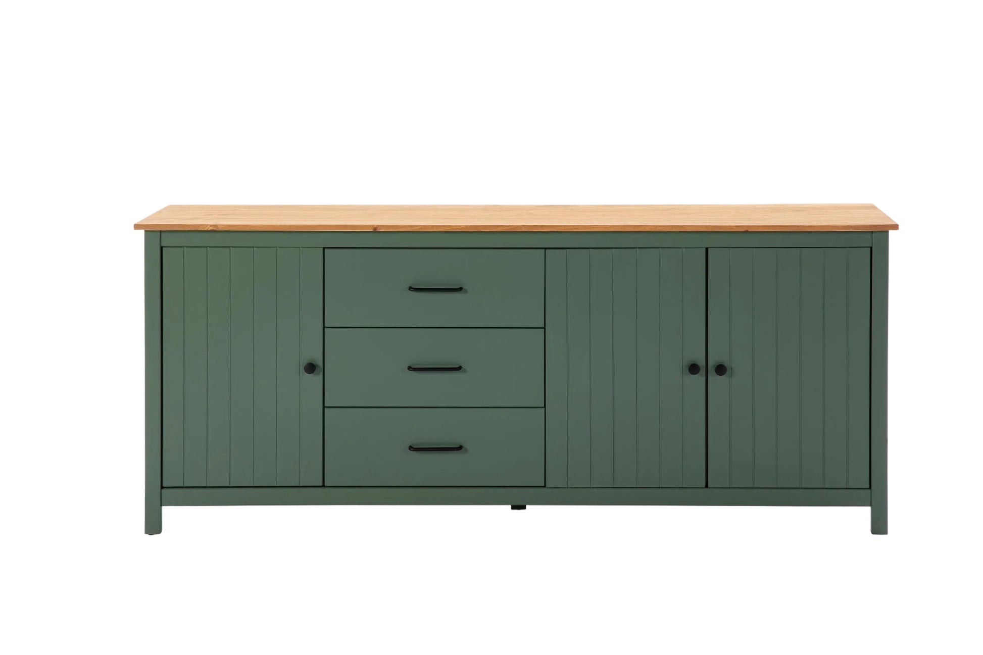 A green sideboard cabinet with a light wood top, featuring three drawers on the left and two doors on the right, set against a plain white background.