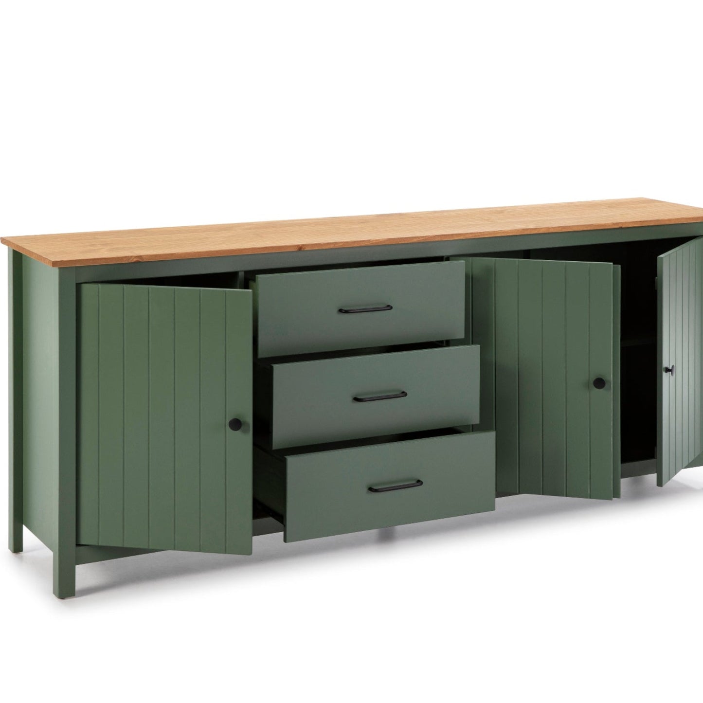 A green storage cabinet with a light wood top, three drawers in the center, and two side doors, shown on a white background.