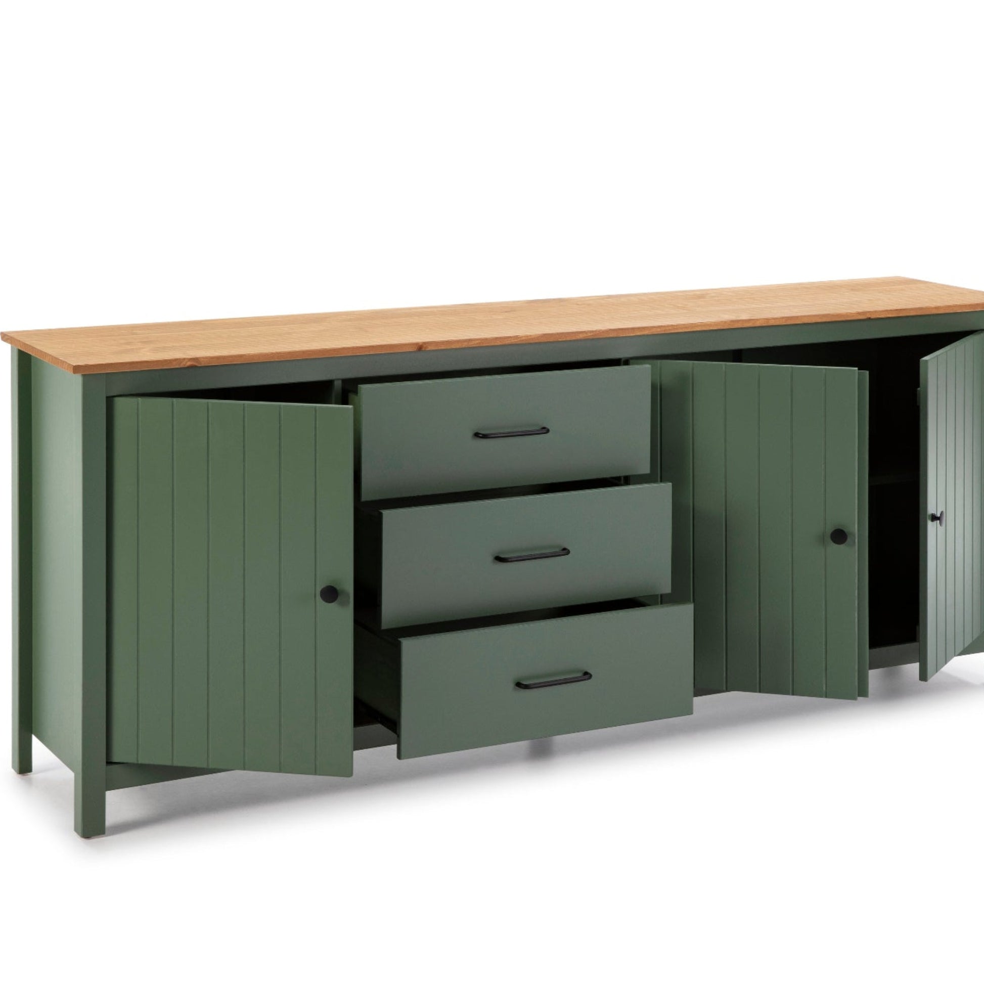 A green storage cabinet with a light wood top, three drawers in the center, and two side doors, shown on a white background.