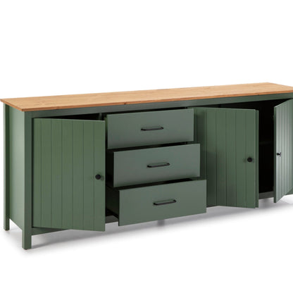 A green storage cabinet with a light wood top, three drawers in the center, and two side doors, shown on a white background.
