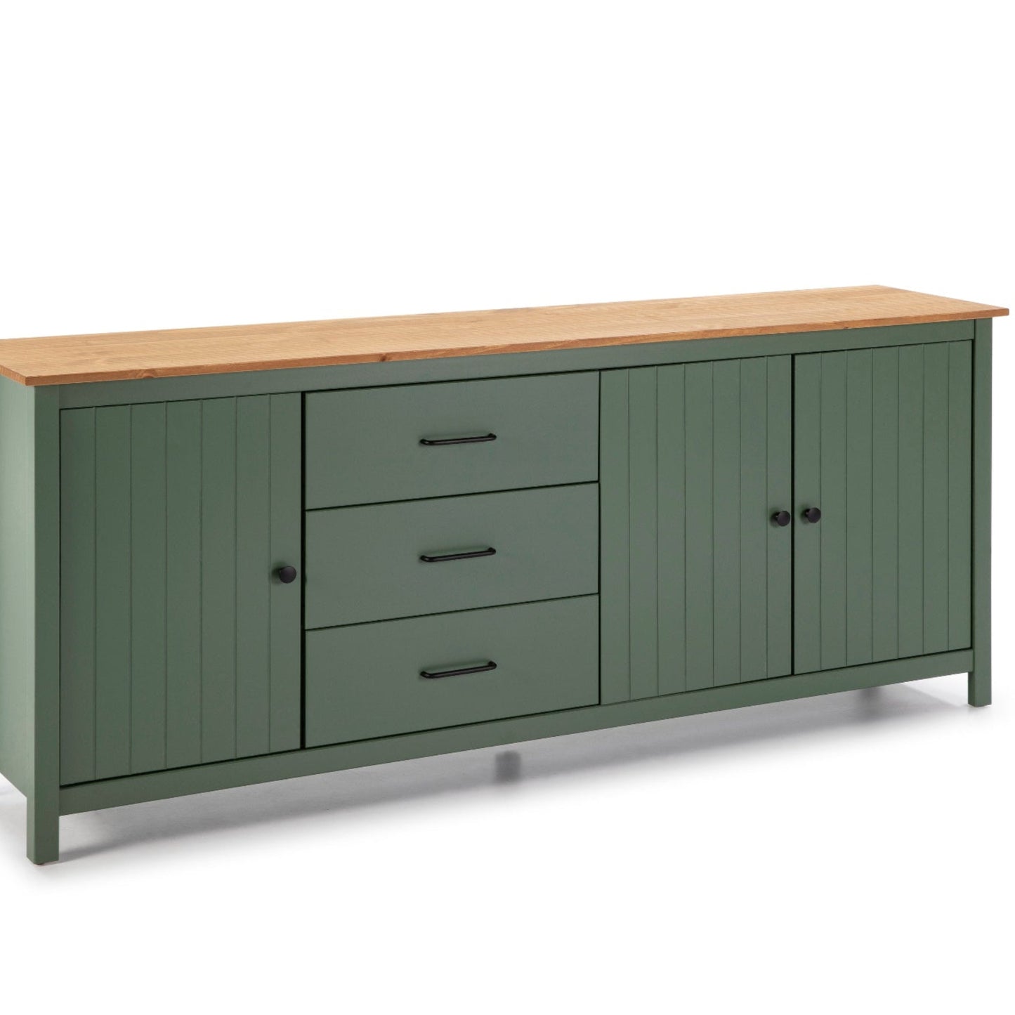 A green sideboard cabinet with a light natural wood top, featuring three drawers on the left and two cabinet doors on the right, set against a plain white background.