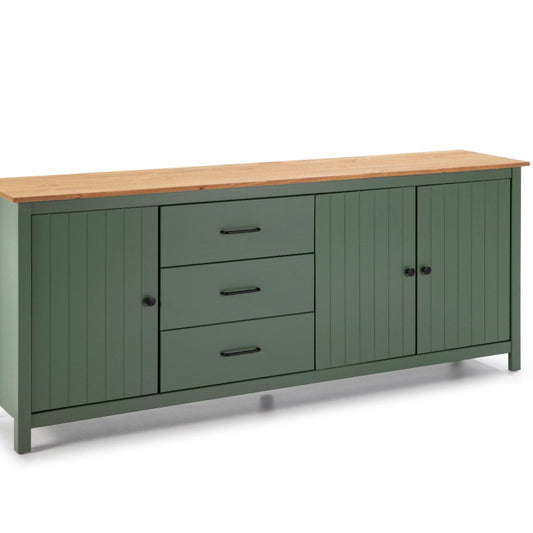 A green sideboard cabinet with a light natural wood top, featuring three drawers on the left and two cabinet doors on the right, set against a plain white background.