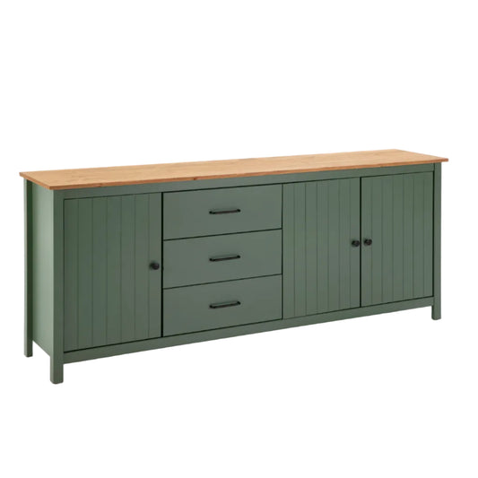 A green wooden sideboard cabinet with three drawers and two doors, featuring a natural wood top and black metal handles, shown on a white background.