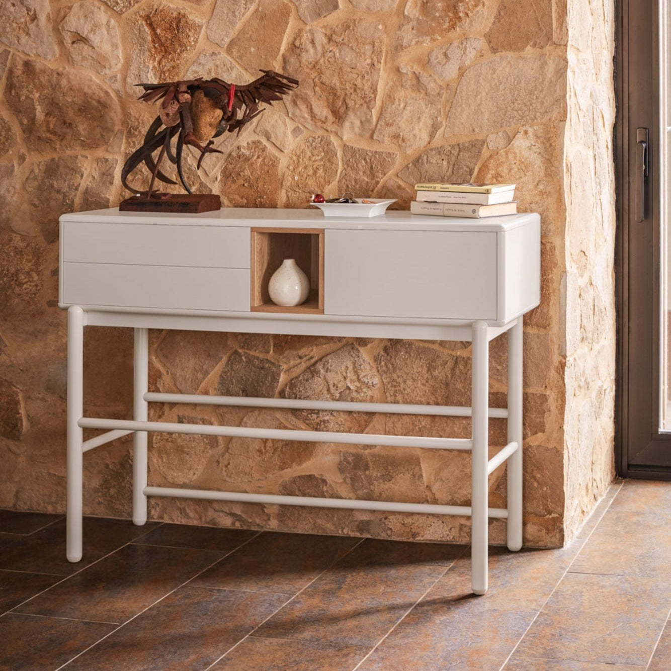 Corvo Hallway Console Table, Two Drawers, One Door, Storage Space - Cream and Oak Finish