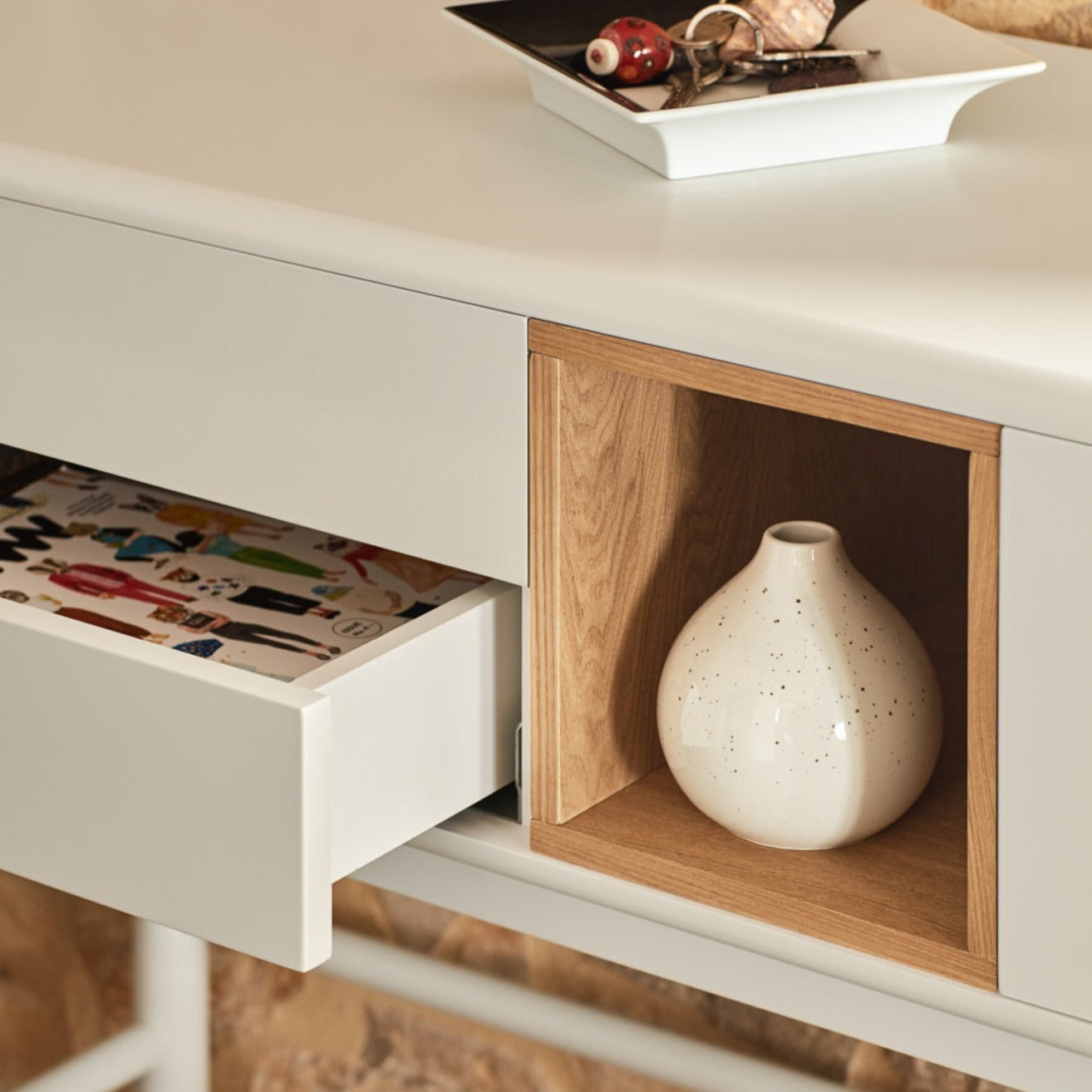 Corvo Hallway Console Table, Two Drawers, One Door, Storage Space - Cream and Oak Finish