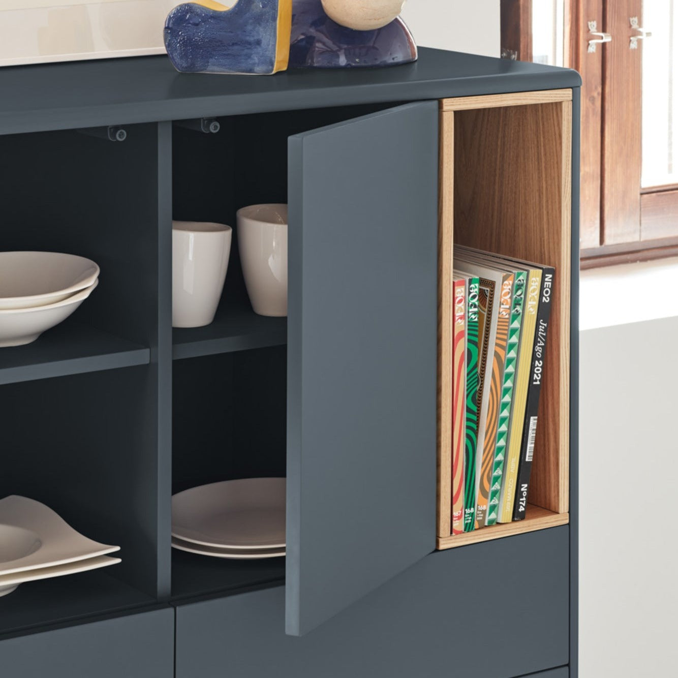 Corvo Storage Unit, Three Drawers, Two Doors, Five Shelves - Anthracite Grey and Oak Finish
