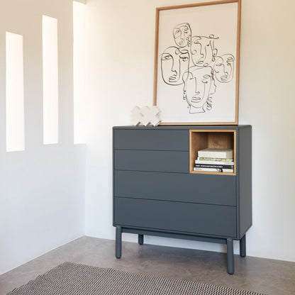Corvo Chest of Four Drawers, 90 cm, Storage - Anthracite Grey and Oak Finish
