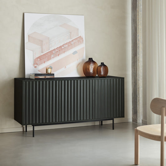 Sierra Sideboard, Three Door, Three Drawers, Four Shelves, Wood with Metal Frame - Matt Black Finish
