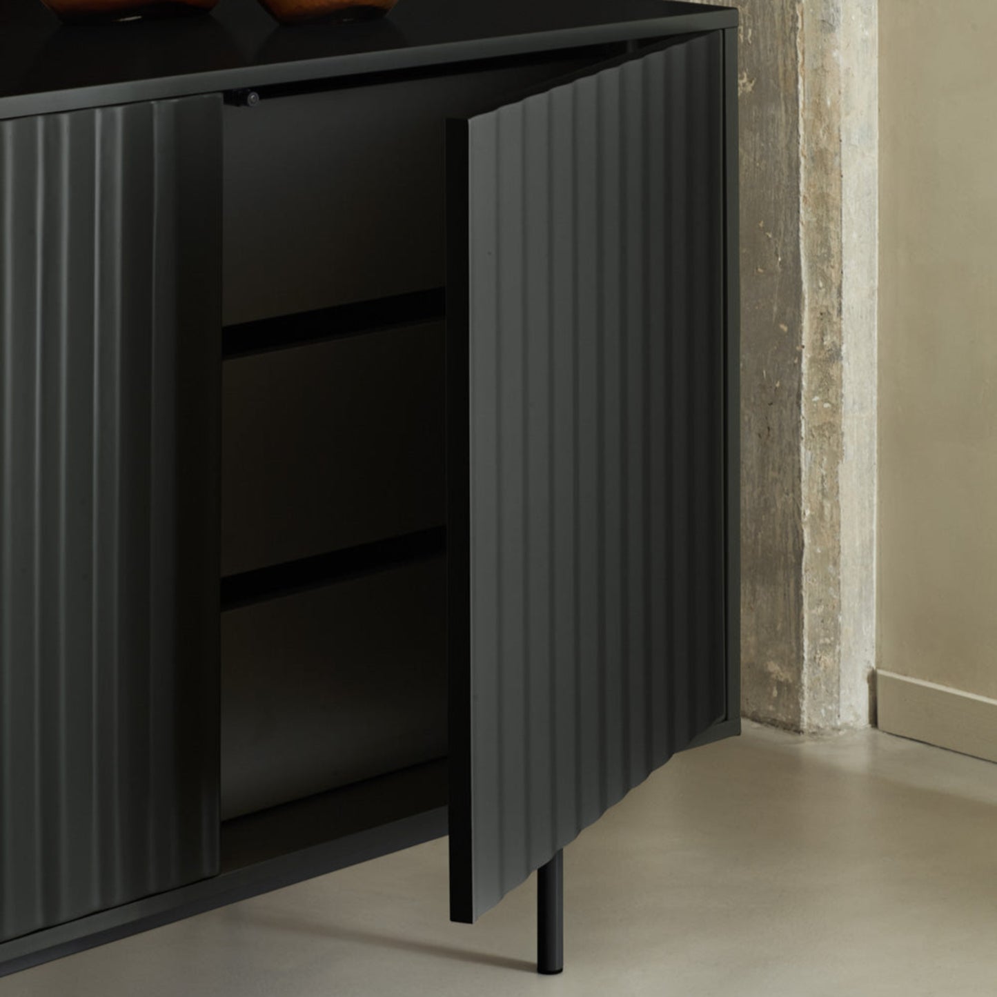 Sierra Sideboard, Three Door, Three Drawers, Four Shelves, Wood with Metal Frame - Matt Black Finish