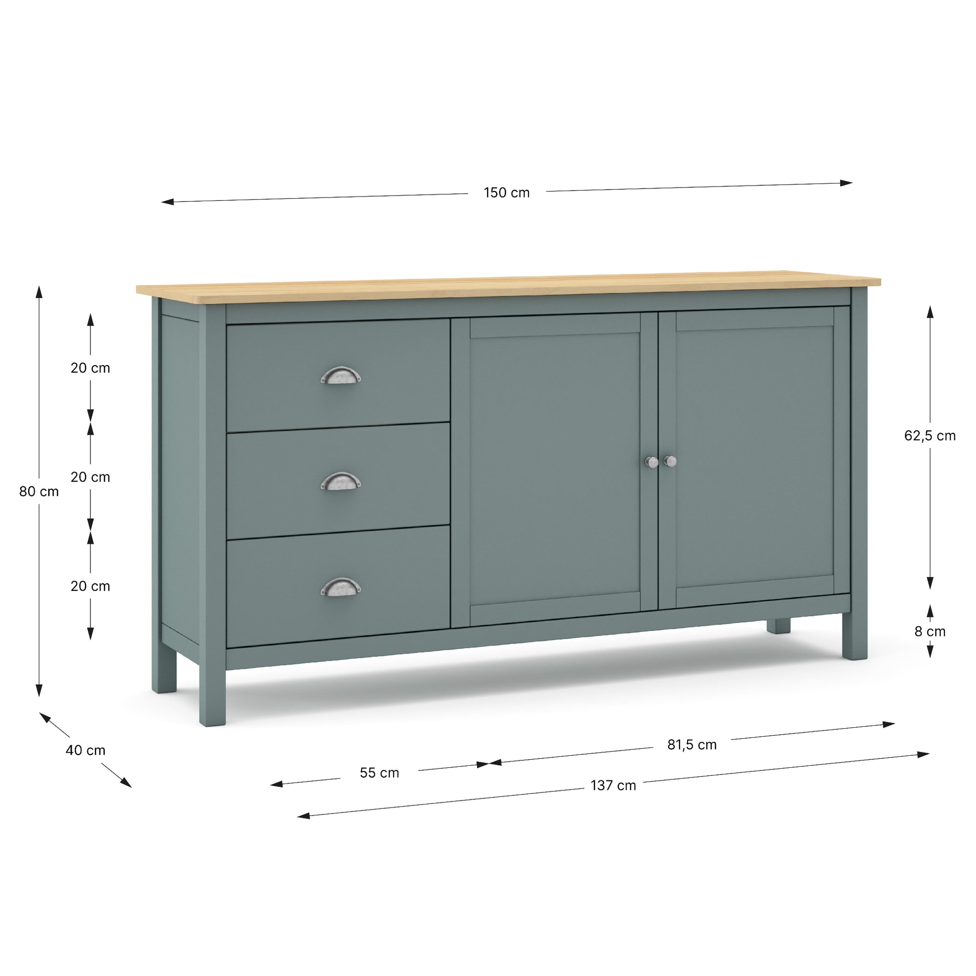 A black metal sideboard cabinet with three sliding doors and two interior shelves, shown against a plain white background.