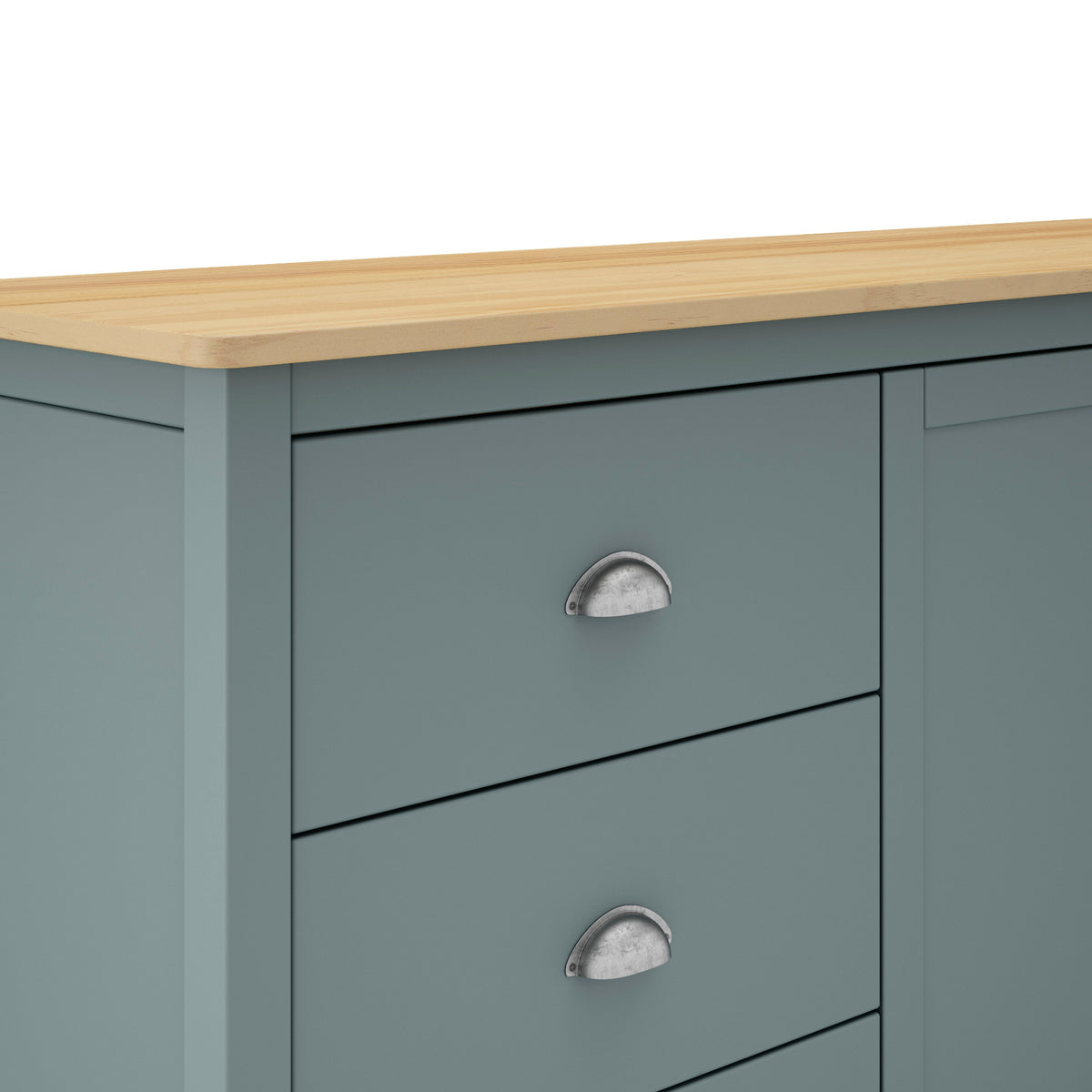 Close-up of a kitchen cabinet with a light natural wood countertop, muted blue-gray painted drawers, and silver metal drawer pulls against a white background.